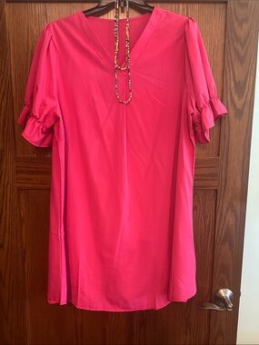 Women’s Pink V-Neck Ruffle Sleeve Top with Matching Necklace